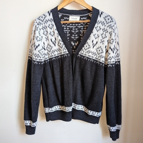 FRANK & OAK Grey & Cream Fair Isles Wool Chunky Knit Cardigan Size Medium - Picture 2 of 12